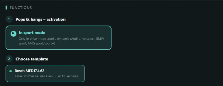 Screenshot del Pop & Launch Tool: attivazione «in modalità sport» e modello Bosch MED17.1.62 selezionato