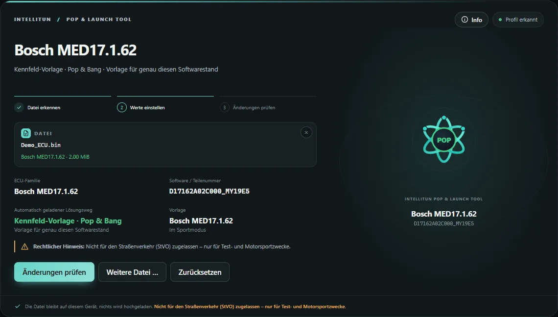 Bildschirmfoto des Pop & Launch Tools: erkannte Datei Bosch MED17.1.62 mit Kennfeld-Vorlage Pop & Bang im Sportmodus