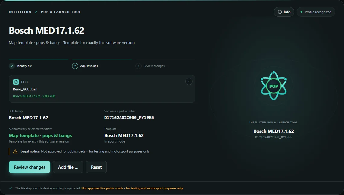 Screenshot del Pop & Launch Tool: file Bosch MED17.1.62 riconosciuto con modello di mappa pops & bangs in modalità sport