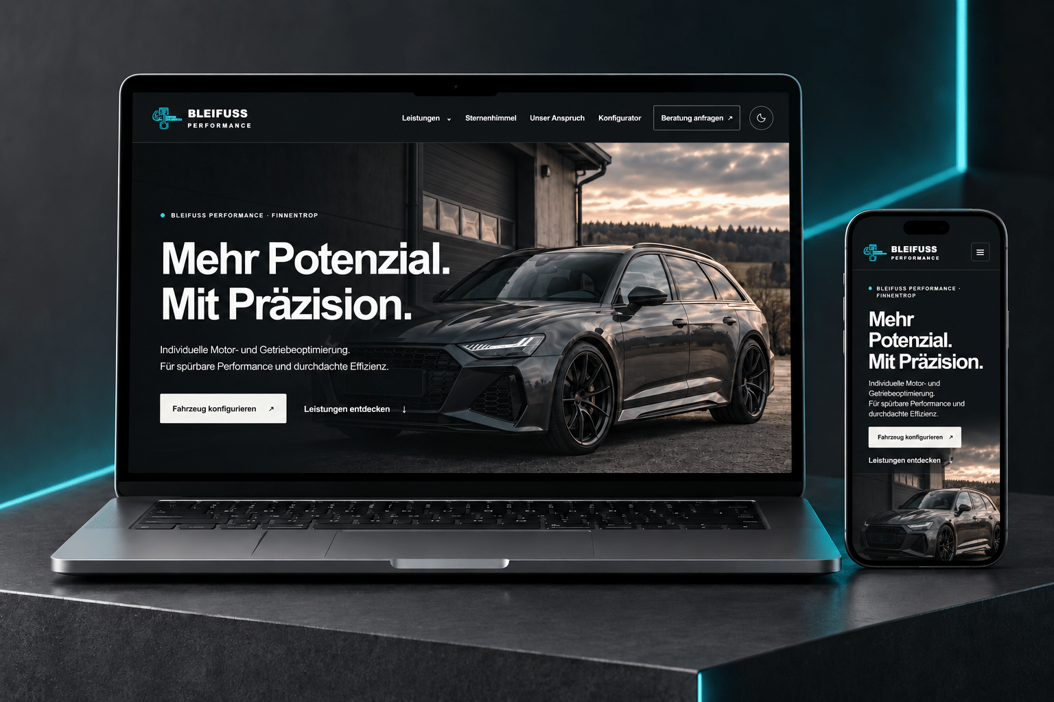 Projektvisualisierung von Bleifuss Performance im dunklen Website-Design auf Laptop und Smartphone