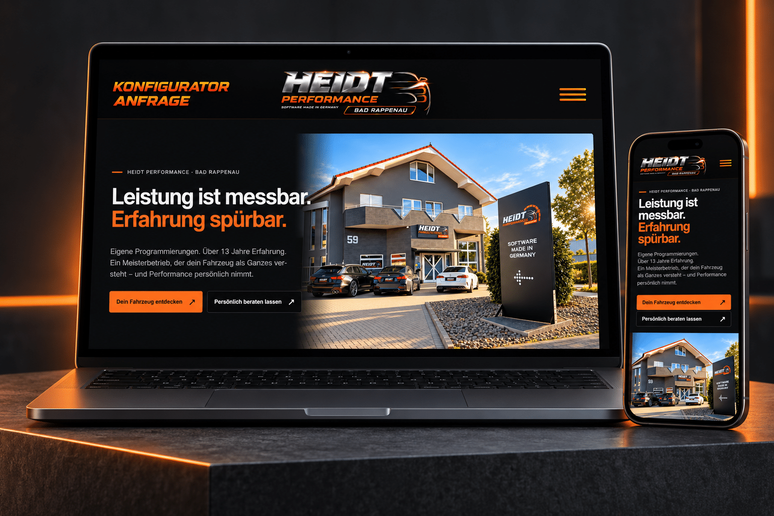 Individuelle Projektvisualisierung von HEIDT Performance: Website auf Laptop und Smartphone