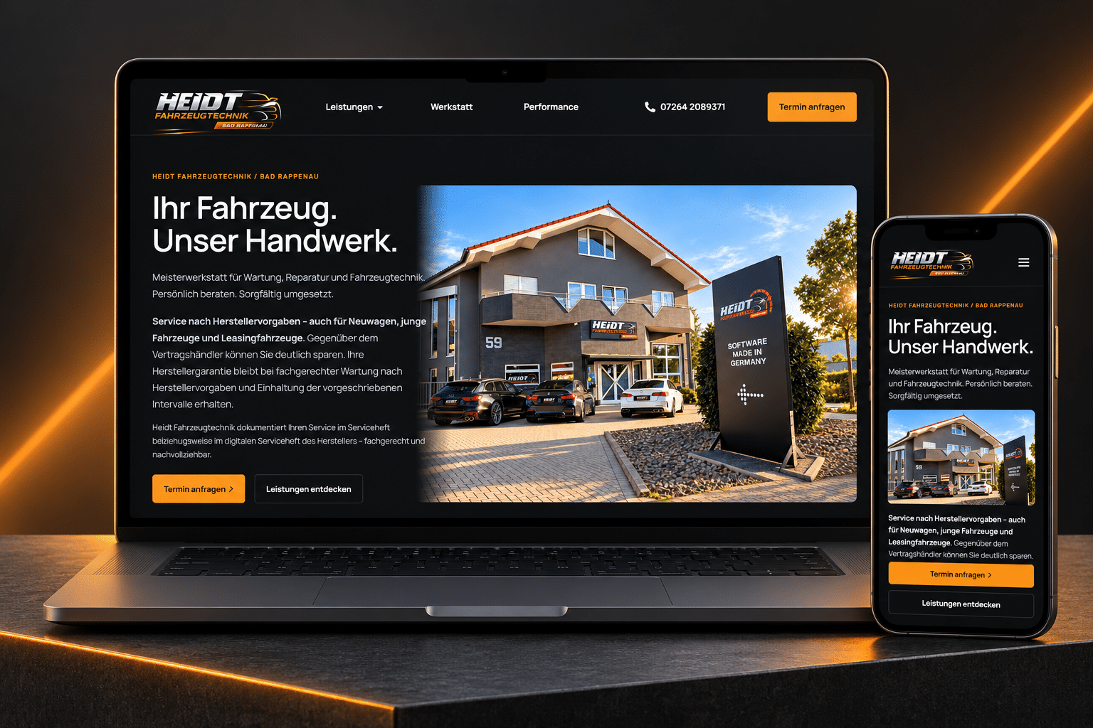 Individuelle Projektvisualisierung von HEIDT Fahrzeugtechnik: Website auf Laptop und Smartphone