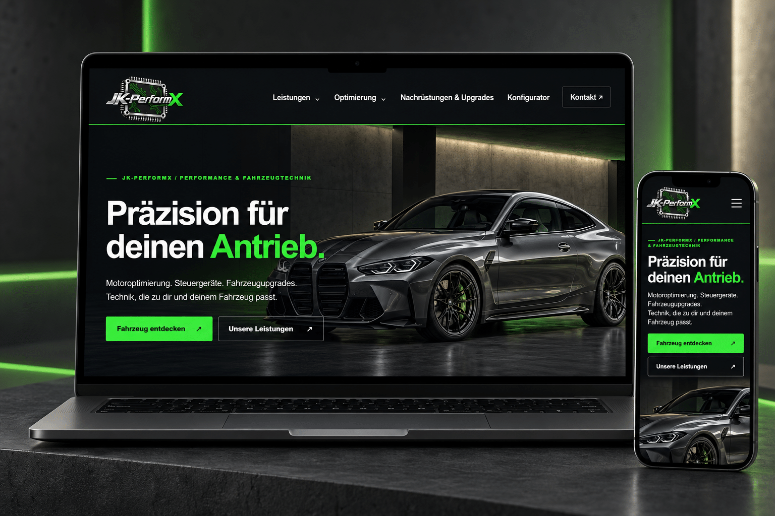 Individuelle Projektvisualisierung von JK-PerformX: Website auf Laptop und Smartphone