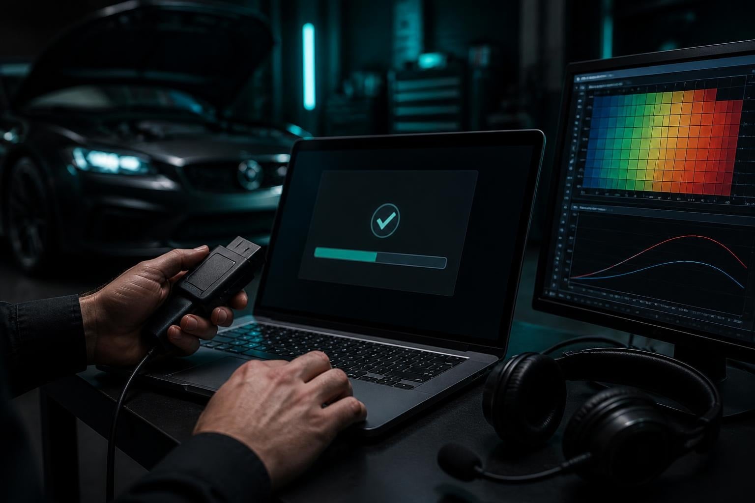 Illustrative Grafik: Tuningtool am Laptop mit Datei-Upload und Bestätigung, daneben Kennfeld und Leistungskurven auf einem zweiten Monitor